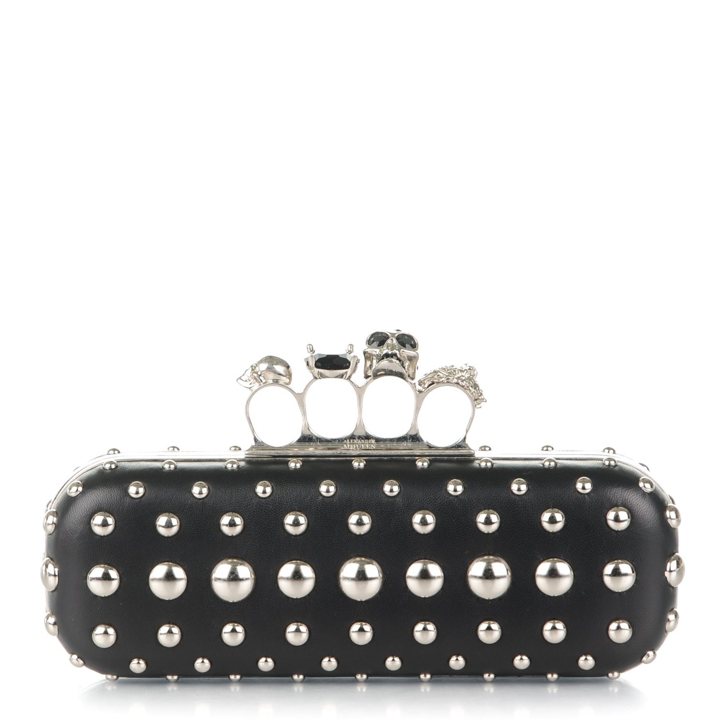 Nappa Studded Skull Knuckle Box Clutch Black