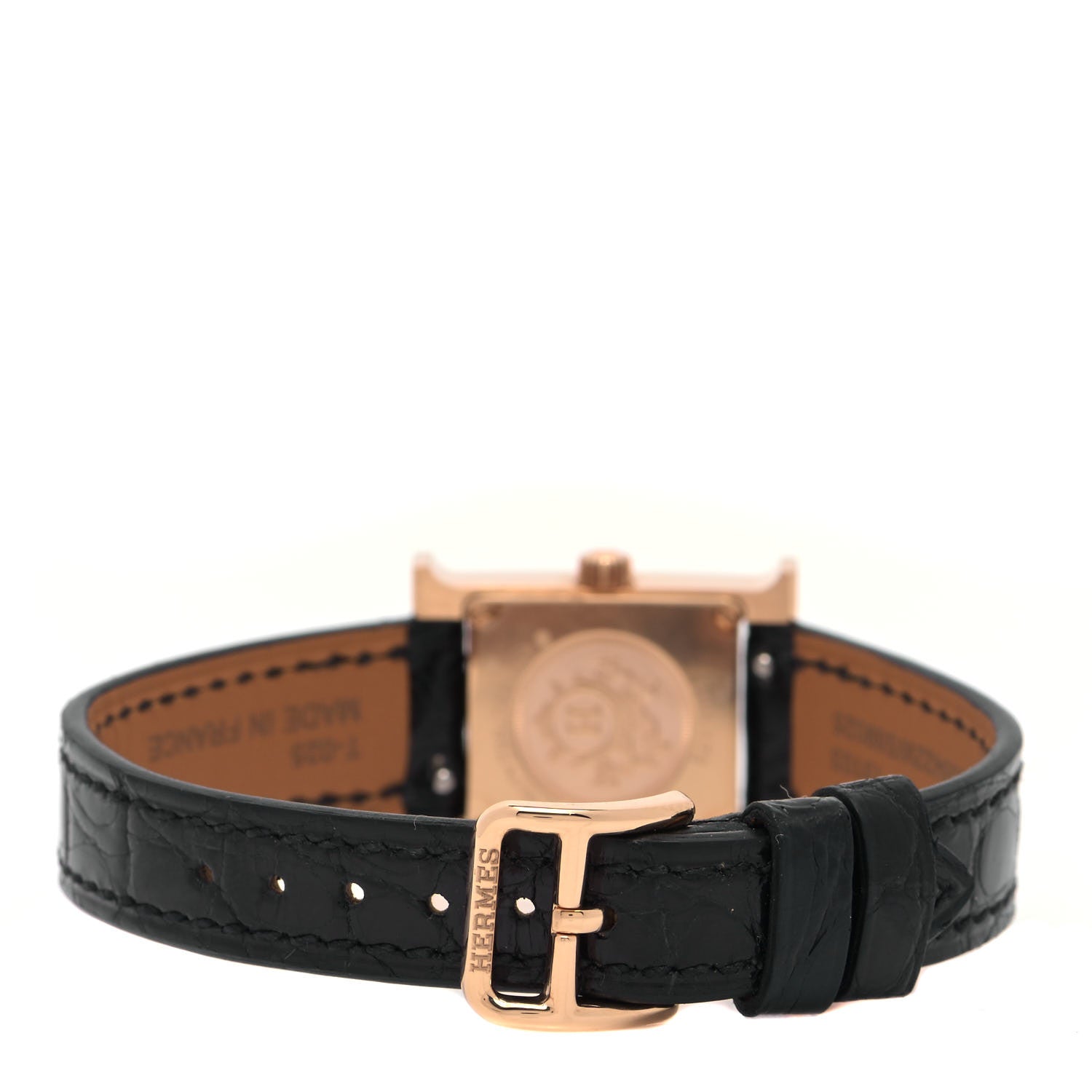 Hermes 18K Rose Gold Alligator Diamond Bezel Mother of Pearl 17.2mm Heure H Hour Quartz Watch Noir 3 of 5