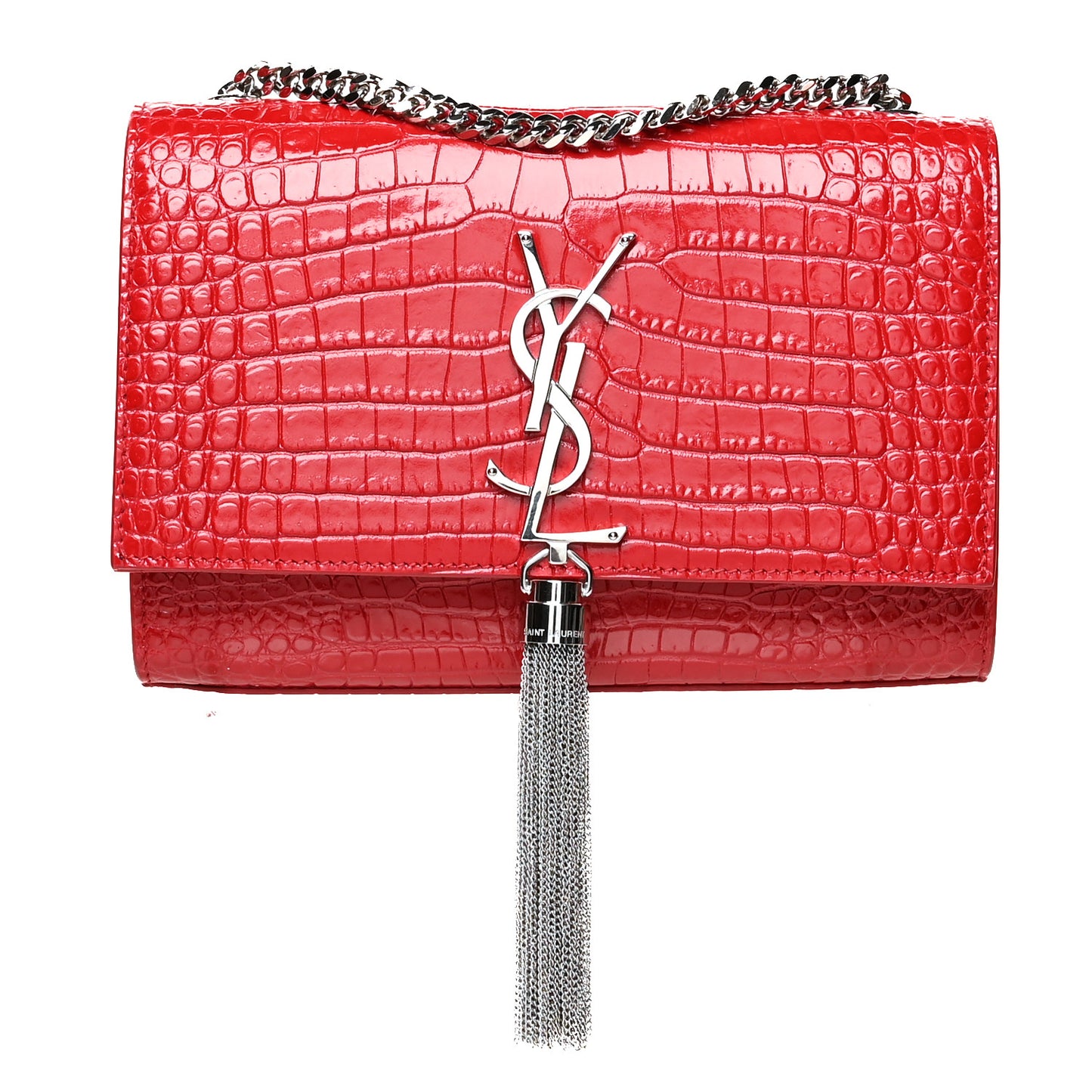 Calfskin Crocodile Embossed Medium Classic Monogram Kate Tassel Satchel Red