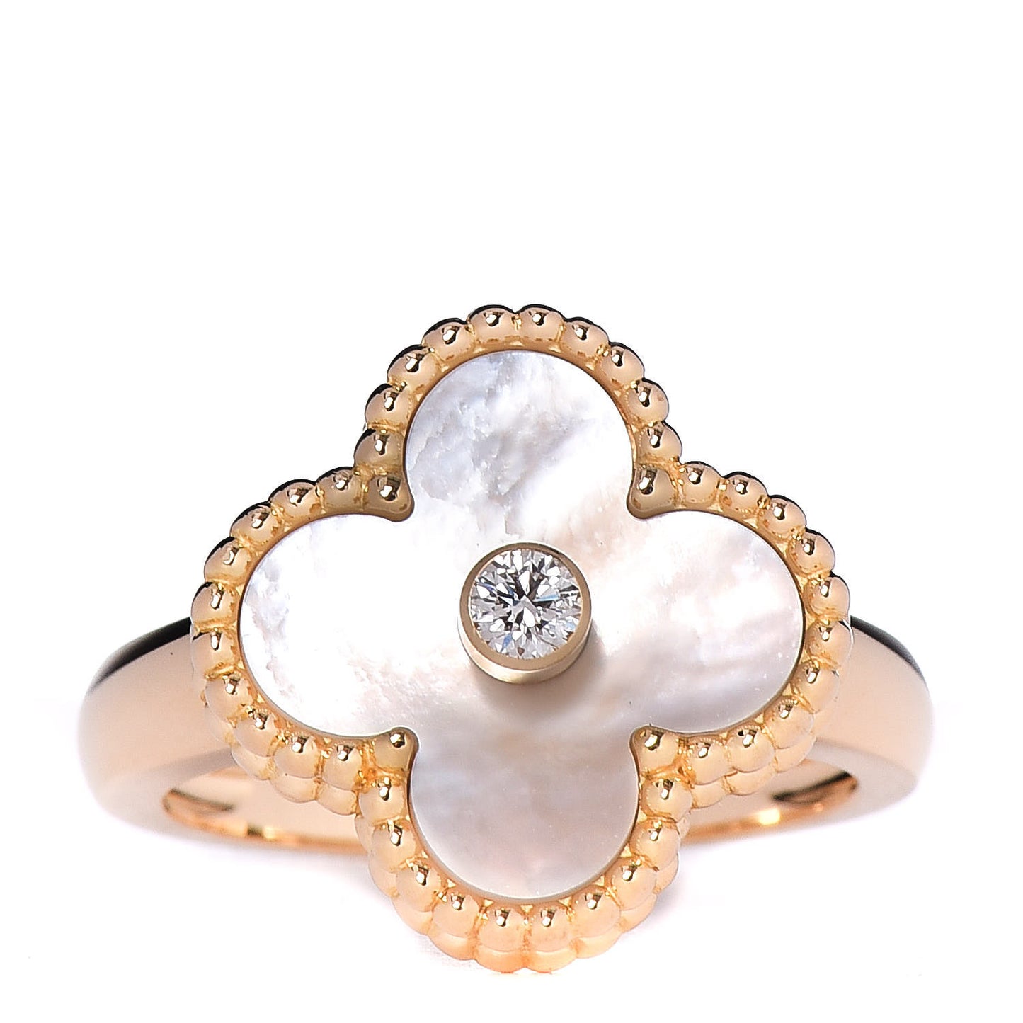 18K Yellow Gold Diamond Mother of Pearl Vintage Alhambra Ring 50 5.25