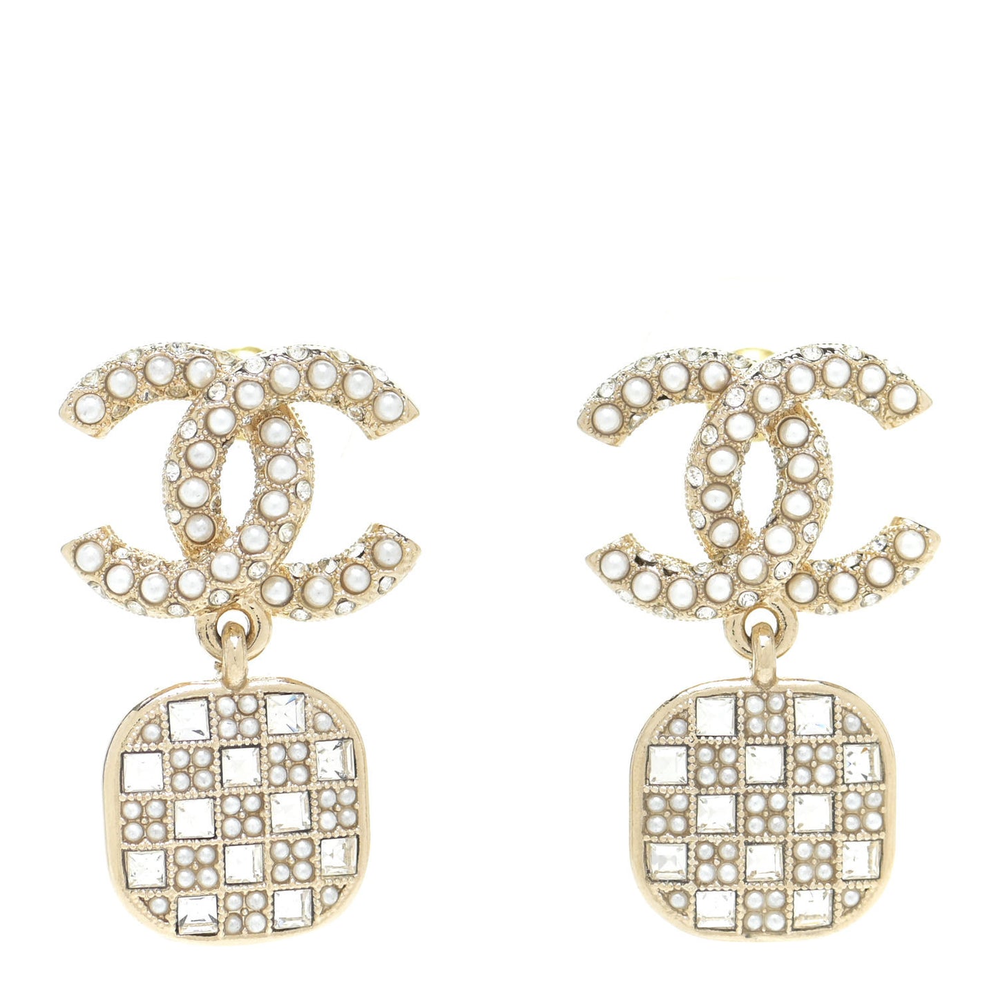Pearl Baguette Crystal CC Drop Earrings Gold