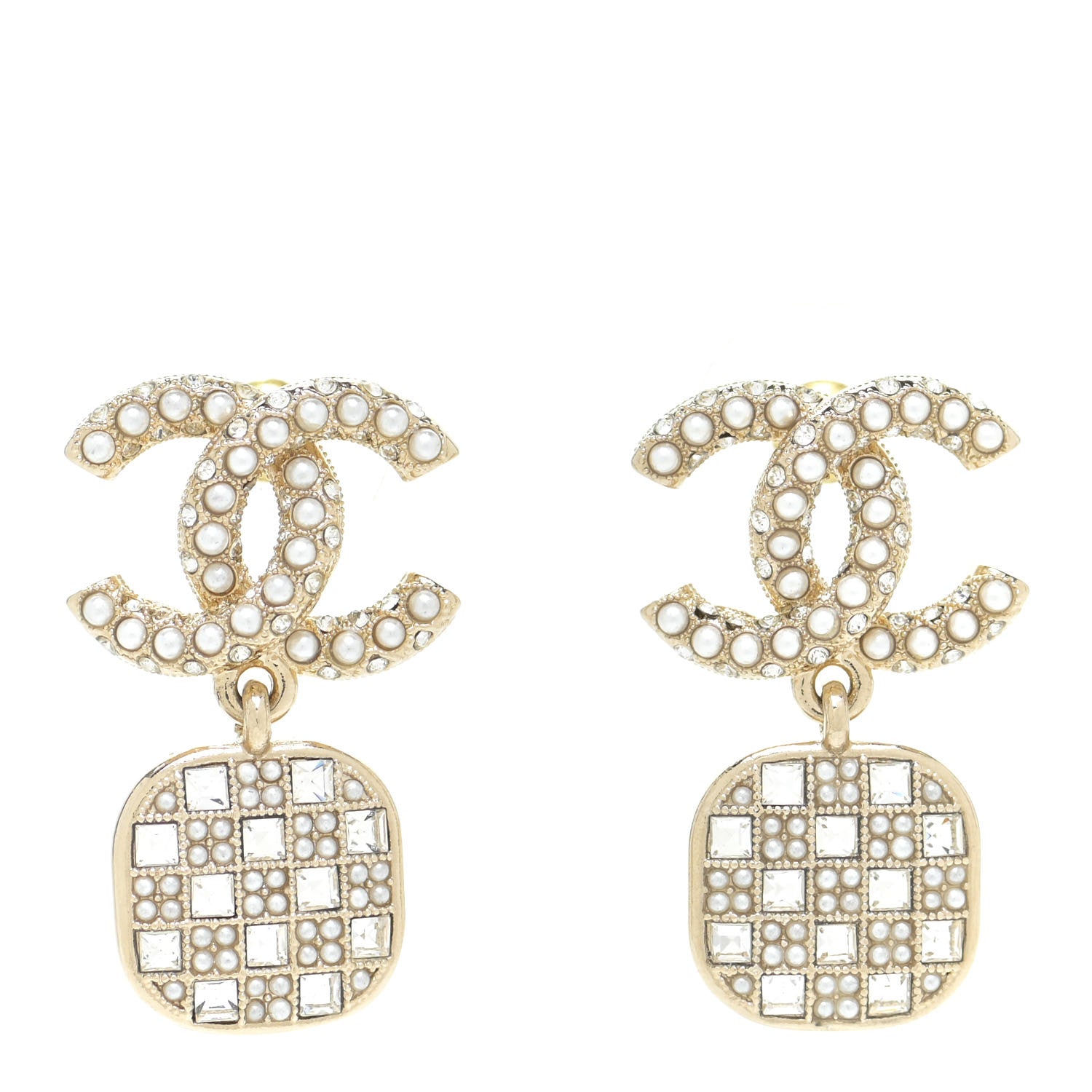 Chanel Pearl Baguette Crystal CC Drop Earrings Gold 1 of 5