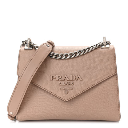 Prada Saffiano Cuir Calfskin Monochrome Envelope Flap Chain Shoulder Bag Cipria 1 of 11