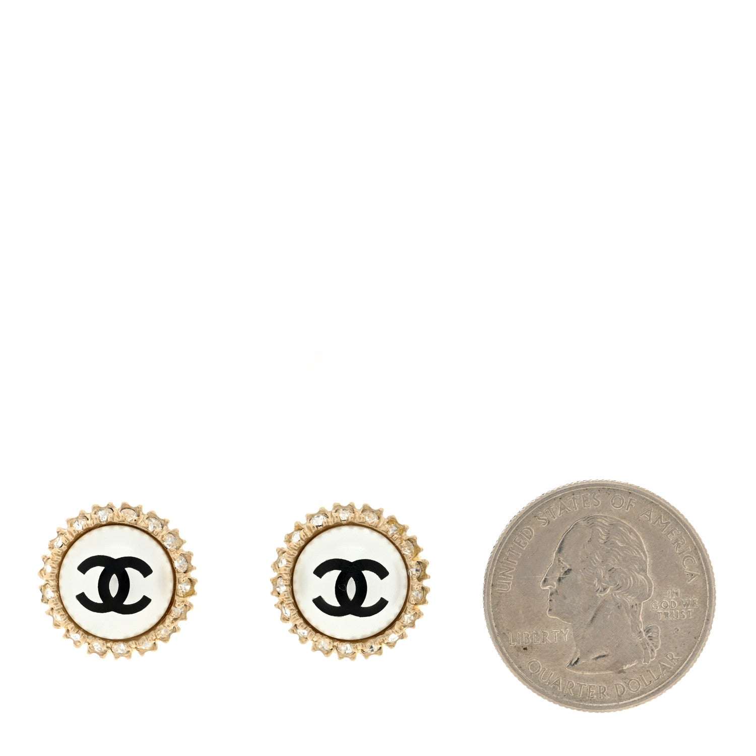 Chanel Crystal Pearl CC Round Earrings Gold Pearly White Black 2 of 4