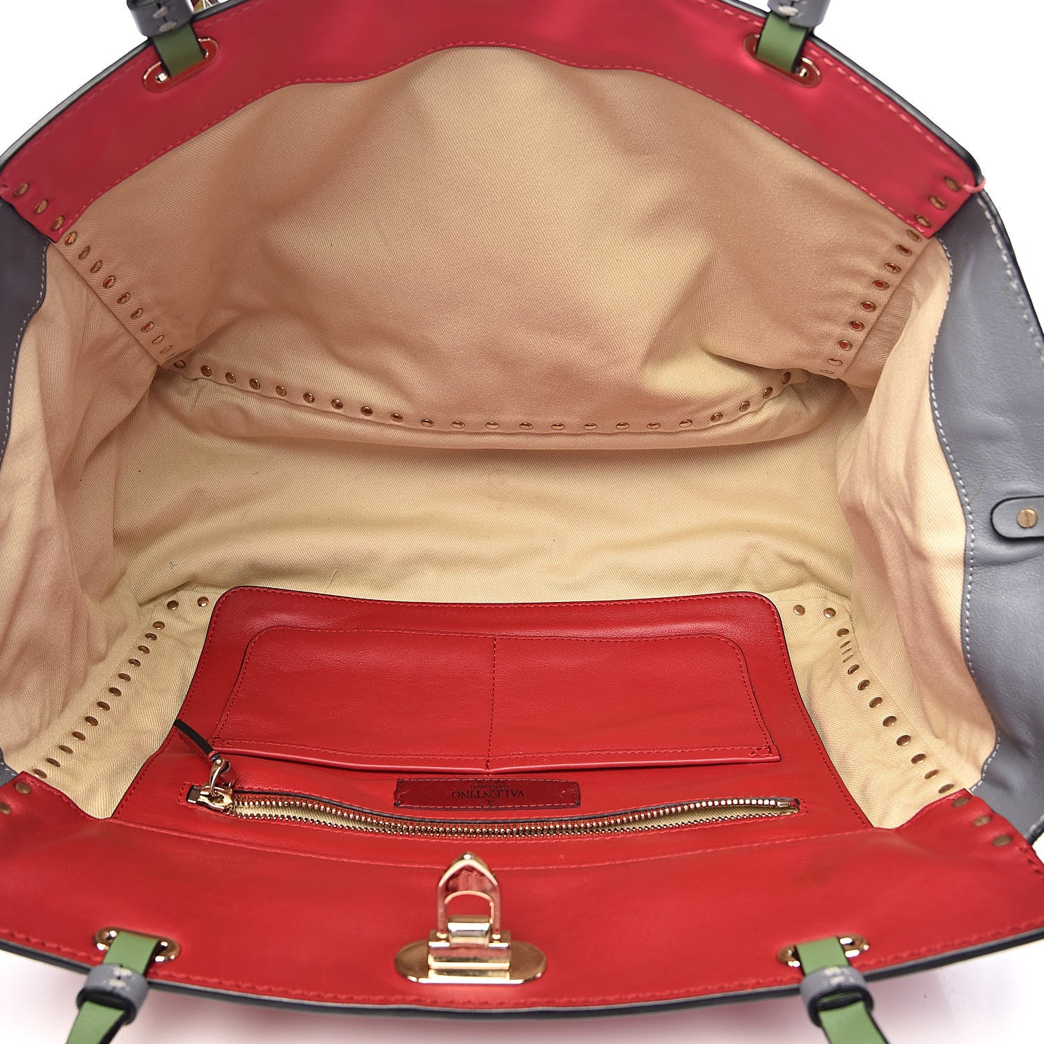 Valentino Garavani Vitello Colorblock Medium Rockstud Tote Deep Rose Clover Grey Scarlet 5 of 14