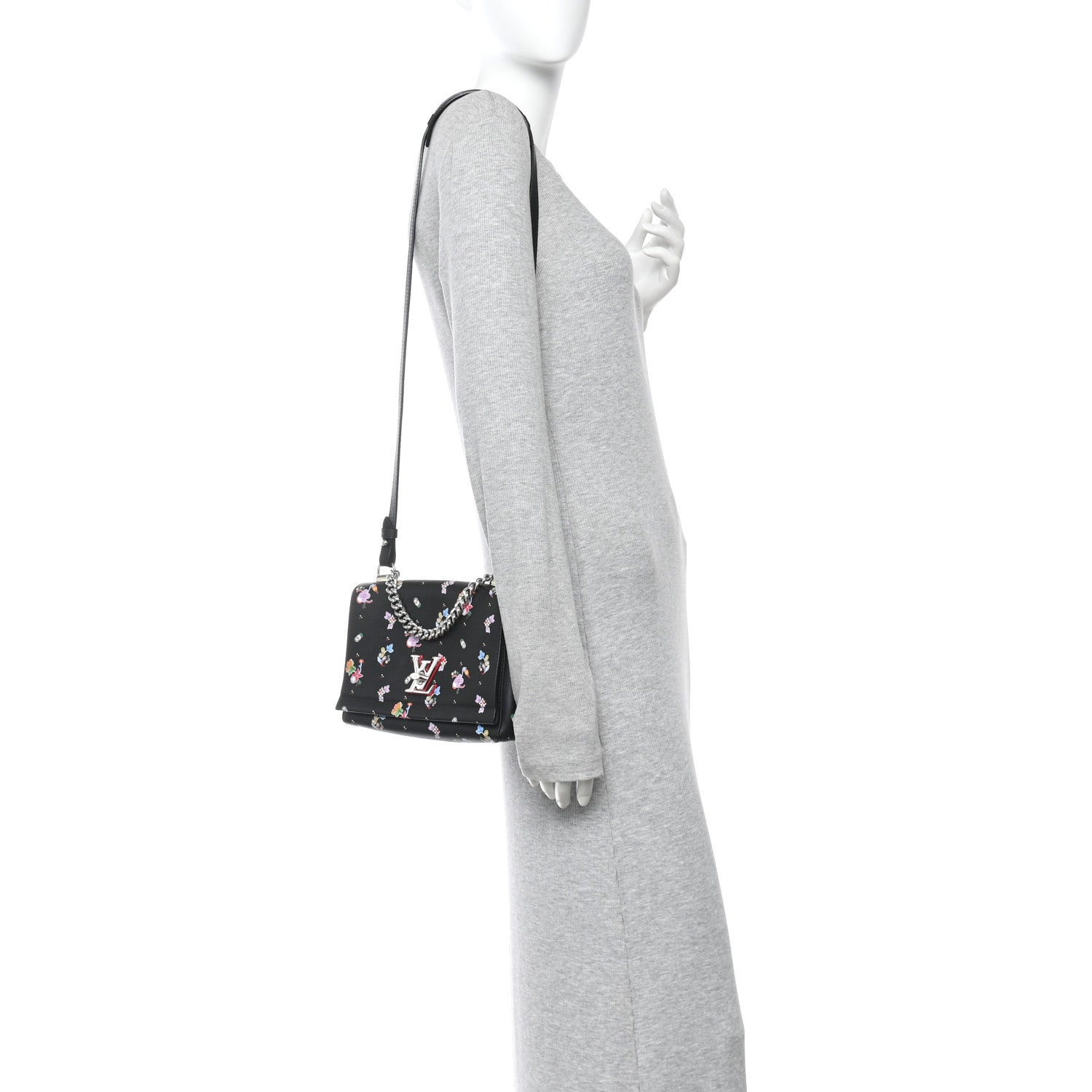 Louis Vuitton Soft Calfskin Lockme II Floral Chain Bag BB Black 2 of 11