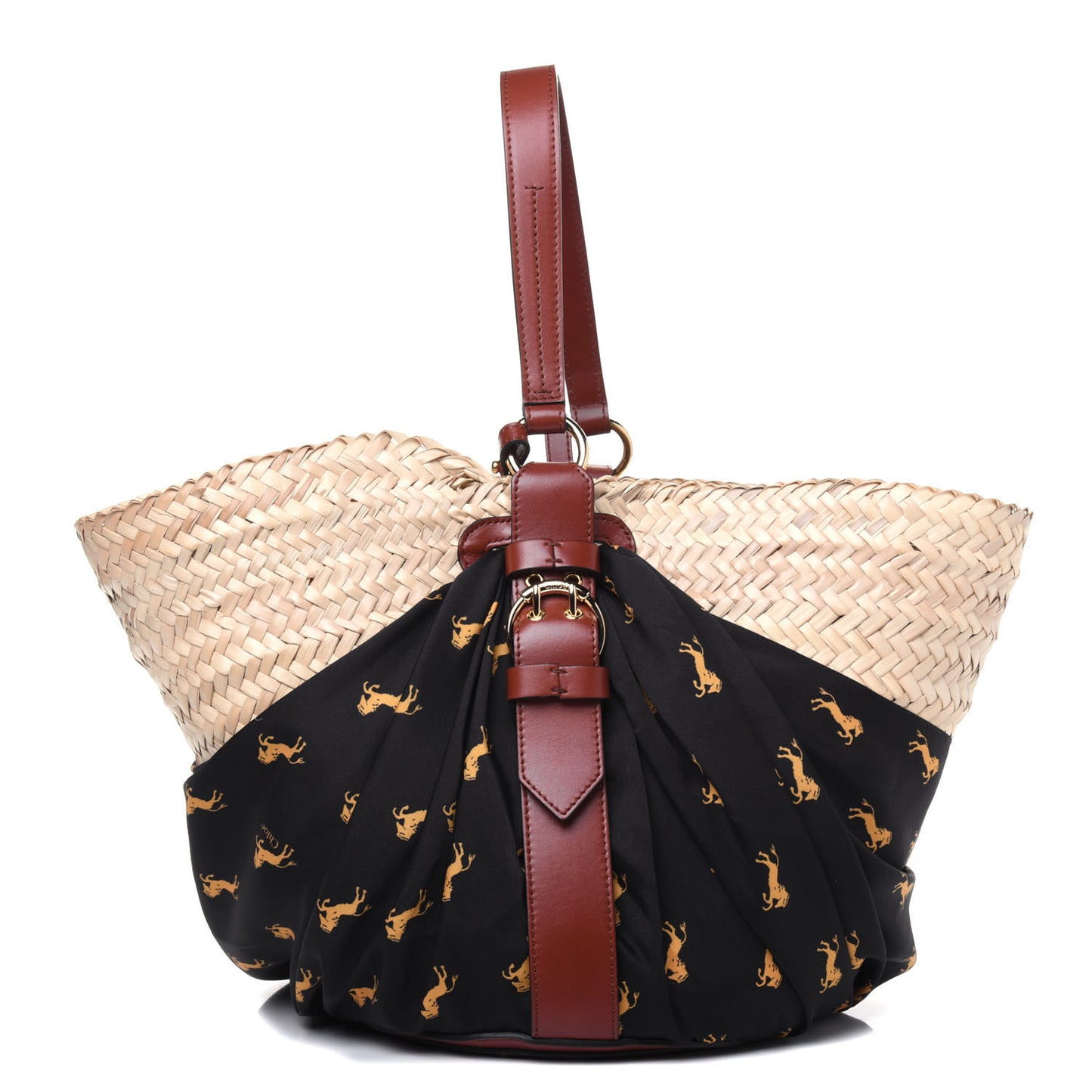 Smooth Calfskin Raffia Little Horses Medium Panier Basket Black Yellow