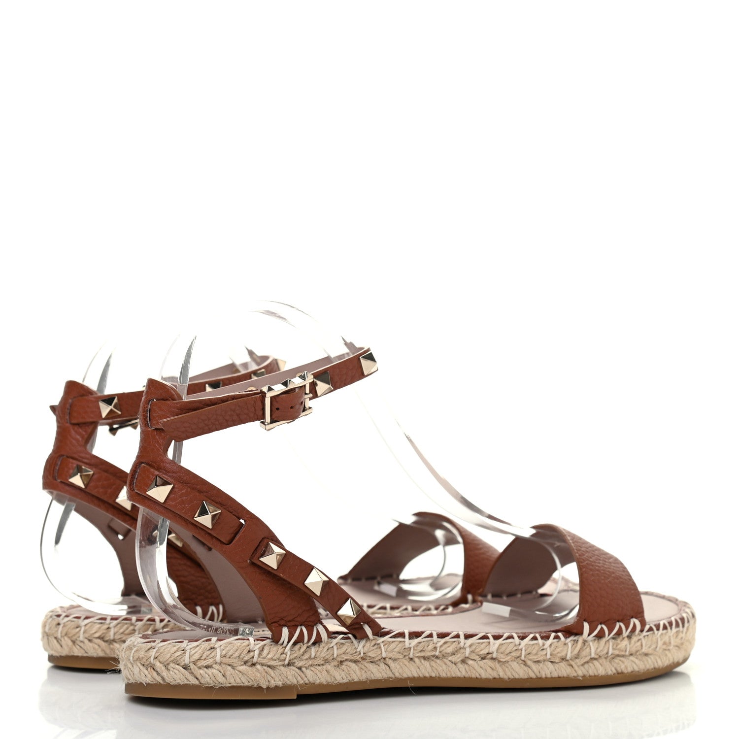 Valentino Garavani Grained Calfskin Rockstud Ankle Strap Espadrille Flat Sandals 39 Cuoio 3 of 6