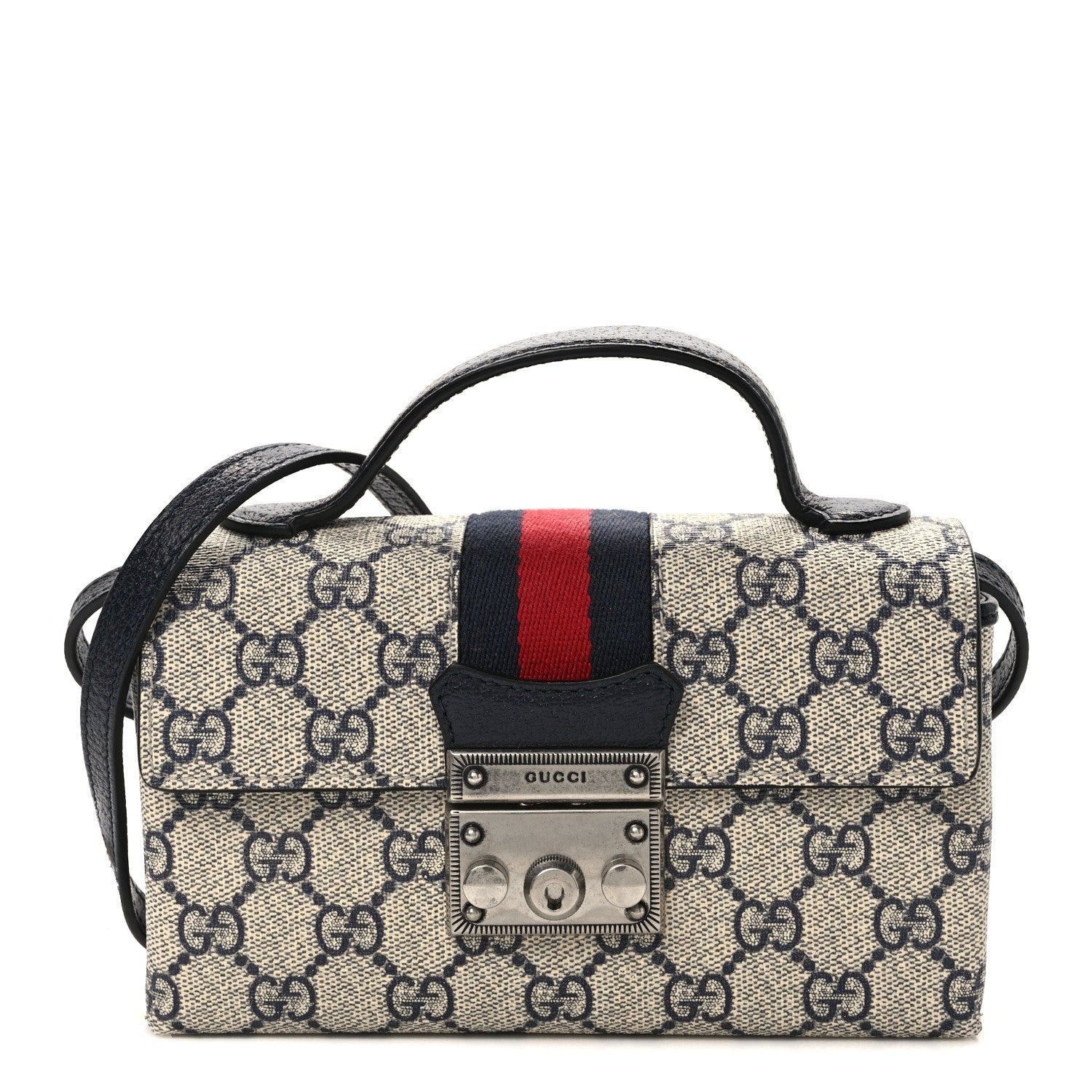 Gucci GG Supreme Monogram Textured Dollar Calfskin Web Mini Padlock Top Handle Shoulder Bag Beige Blue 1 of 9