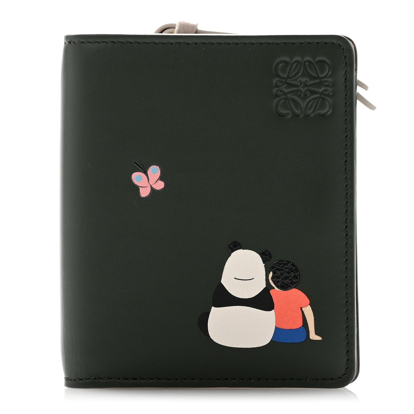 X SUNA FUJITA Satin Calfskin Panda Compact Zip Wallet Bottle Green