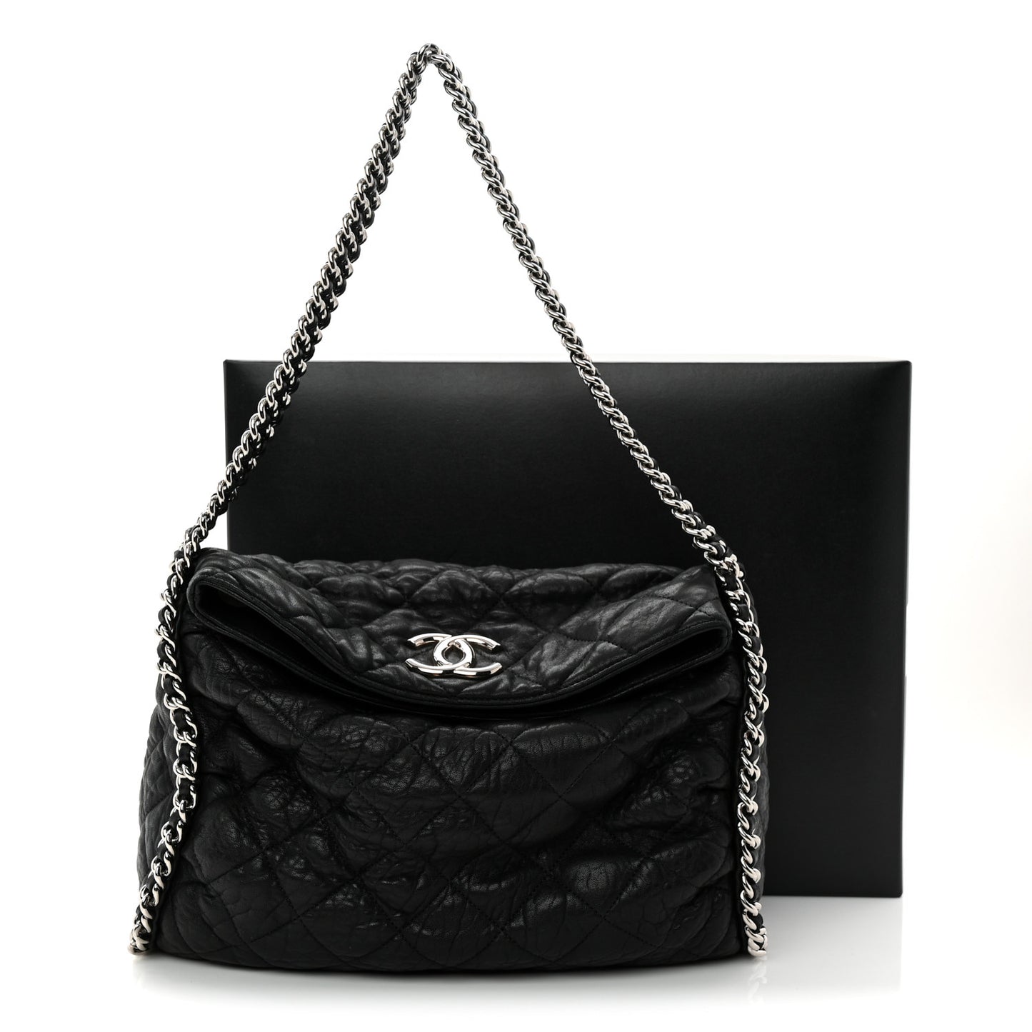 Washed Lambskin Chain Around Hobo Black