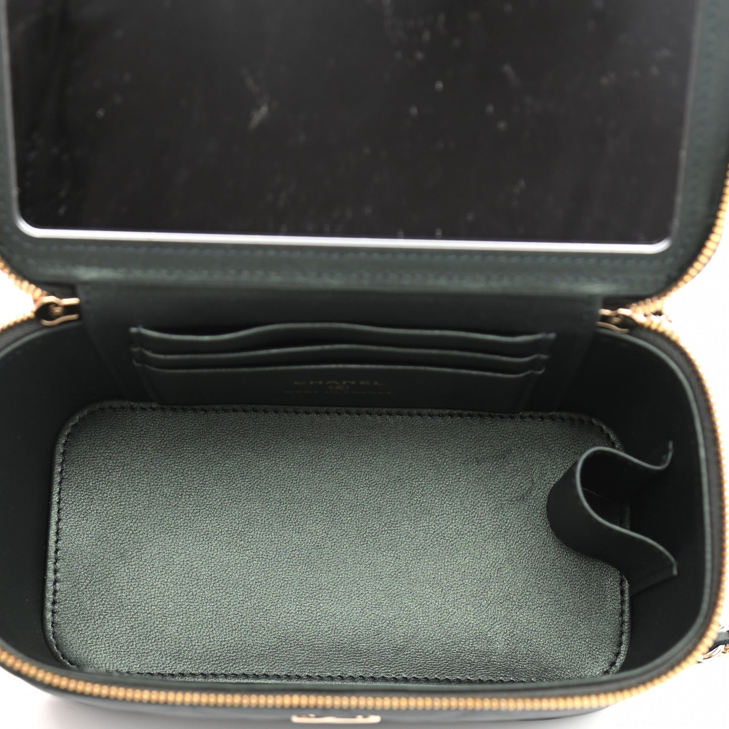 Iridescent Lambskin Quilted Small Top Handle Vanity Case With Chain Dark Green