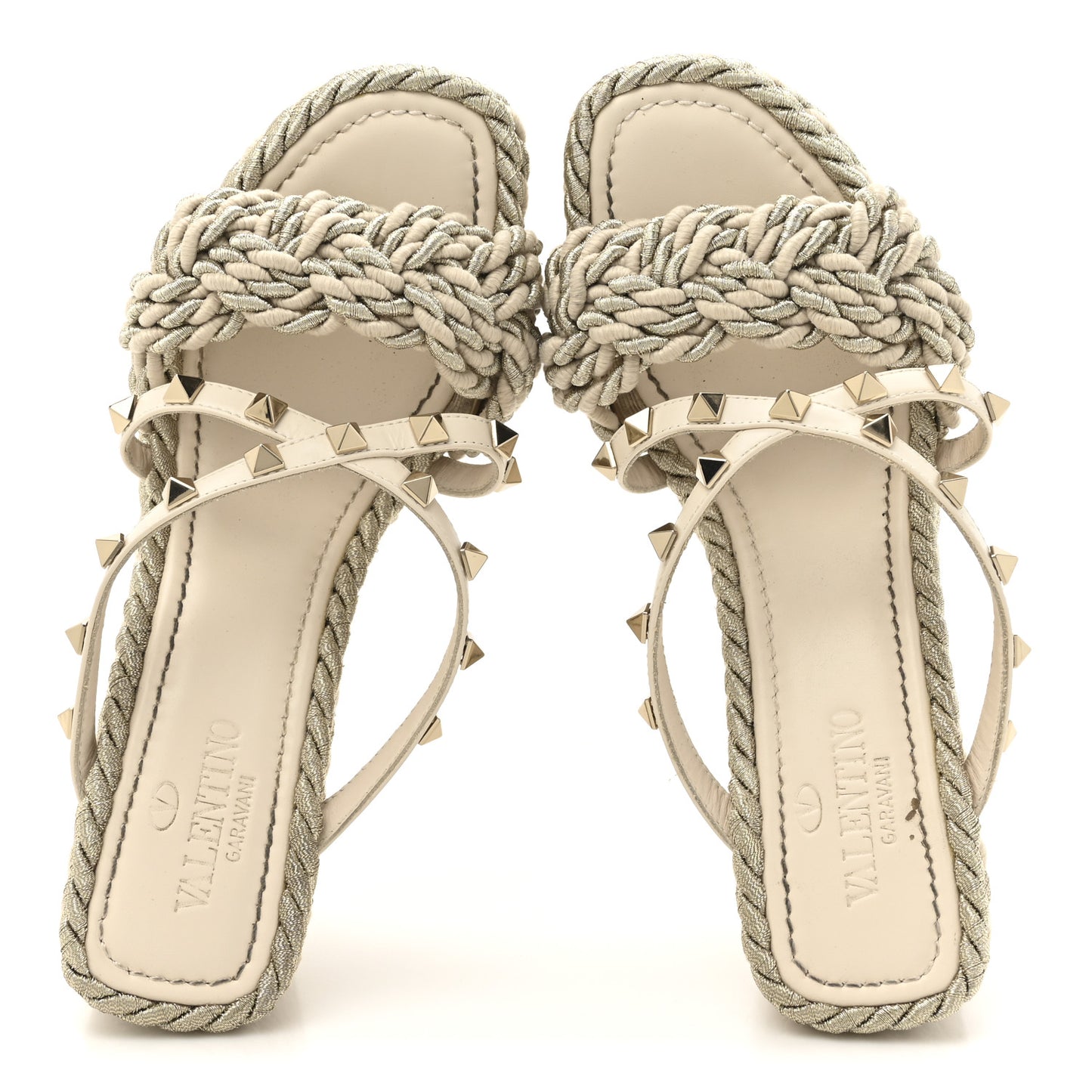 Calfskin Silk Rockstud Torchon Espadrille Wedge 25/95mm Slide Sandals 37 Light Ivory