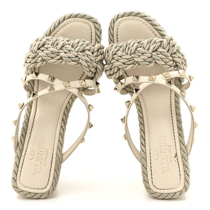 Valentino Garavani Calfskin Silk Rockstud Torchon Espadrille Wedge 25/95mm Slide Sandals 37 Light Ivory 2 of 12