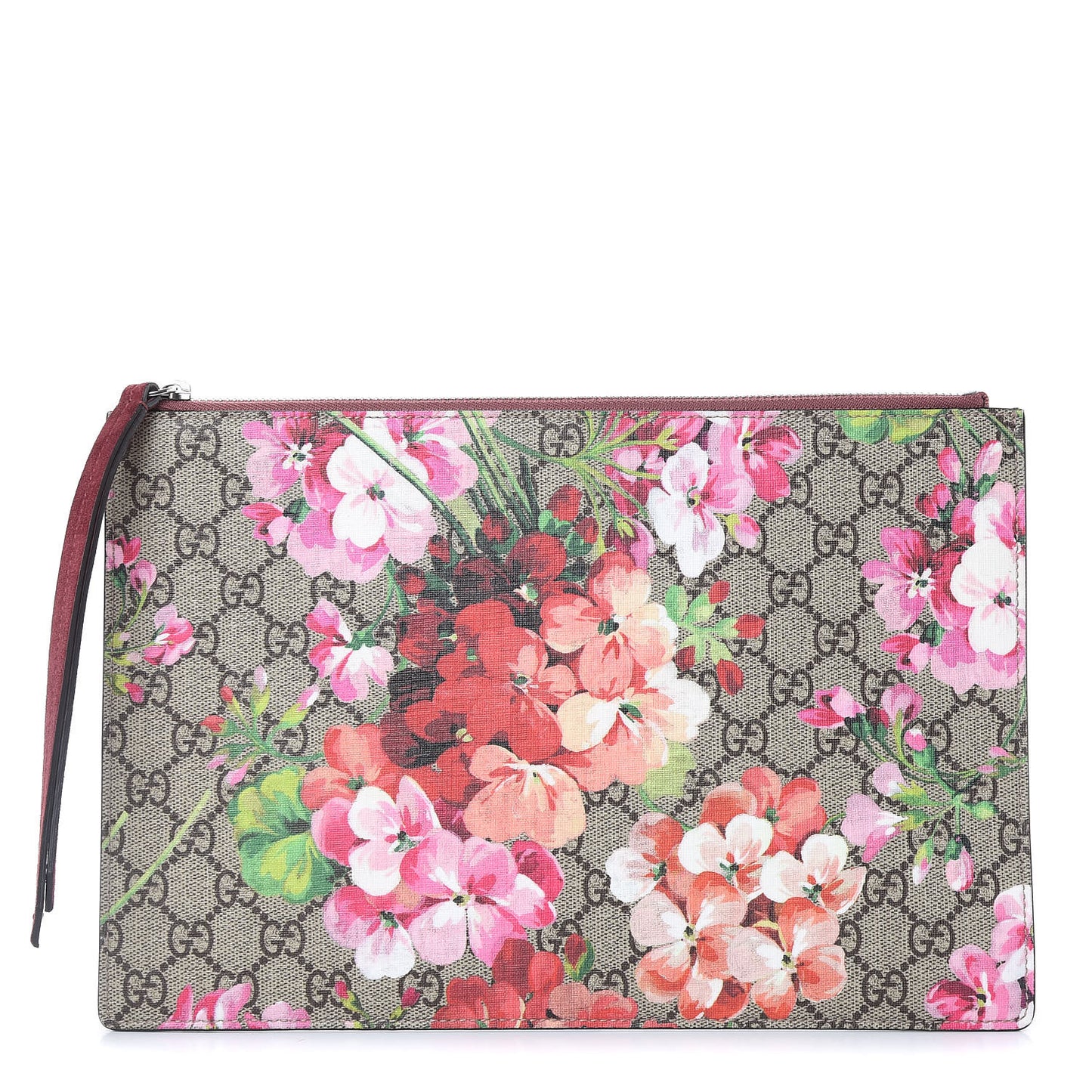 GG Supreme Monogram Blooms Suede Large Zip Pouch Beige Multicolor Dry Rose