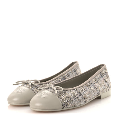 Chanel Wool Cotton Tweed Lambskin Cap Toe Ballerina Flats 37 Gray Black Gold 4 of 11