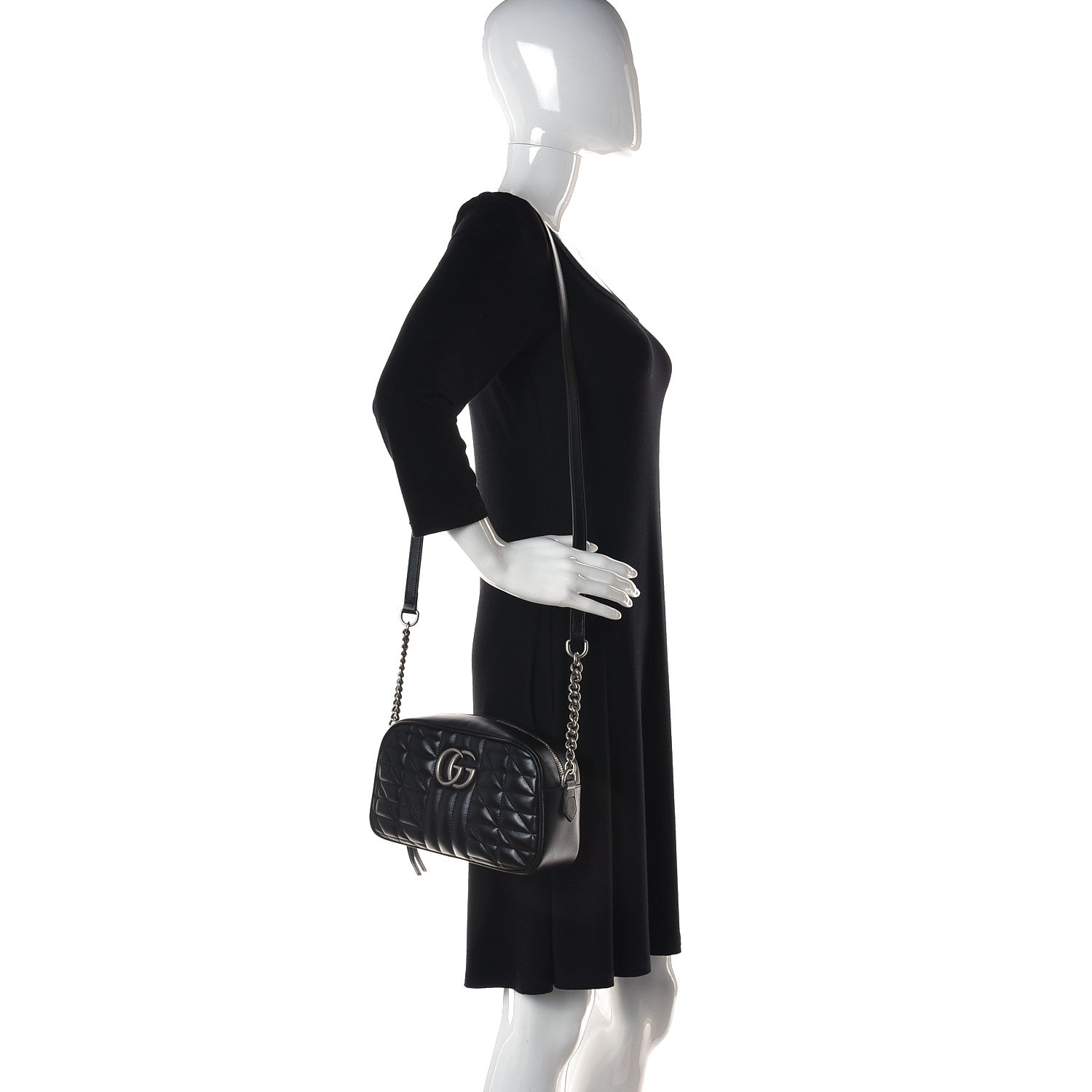 Gucci Calfskin Matelasse Aria Small GG Marmont Chain Shoulder Bag Black 2 of 10