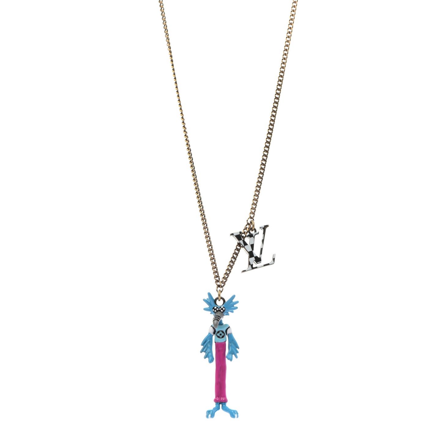 Lacquered Metal LV Friends Pendant Necklace Aged Gold Blue Pink