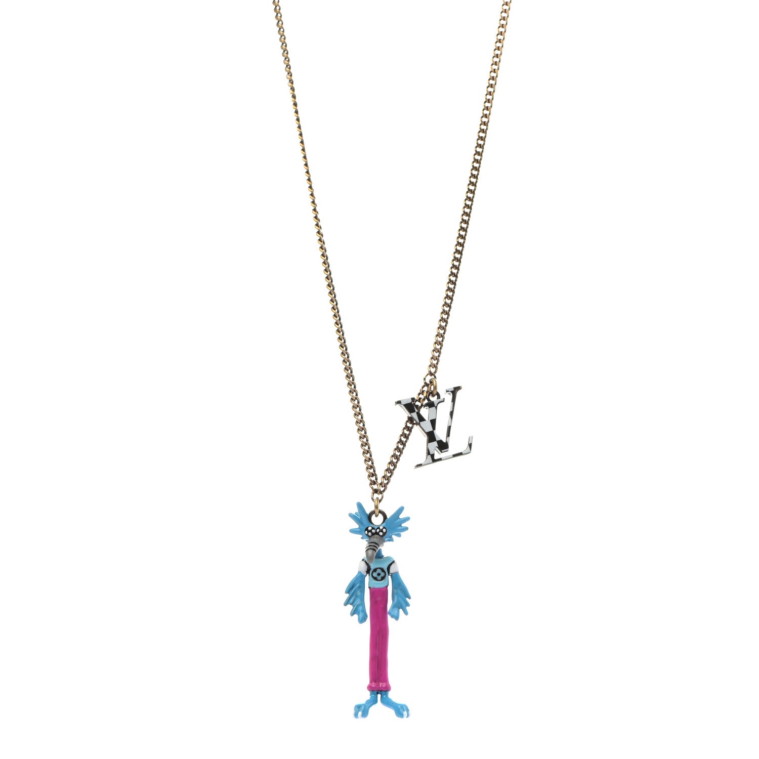Louis Vuitton Lacquered Metal LV Friends Pendant Necklace Aged Gold Blue Pink 1 of 7