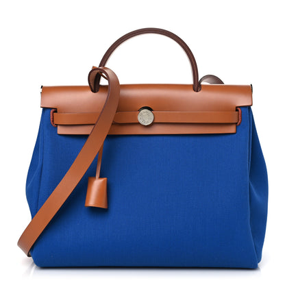 Hermes Military Toile Vache Hunter Herbag Zip Retourne 31 PM Bleu France Fauve 1 of 11