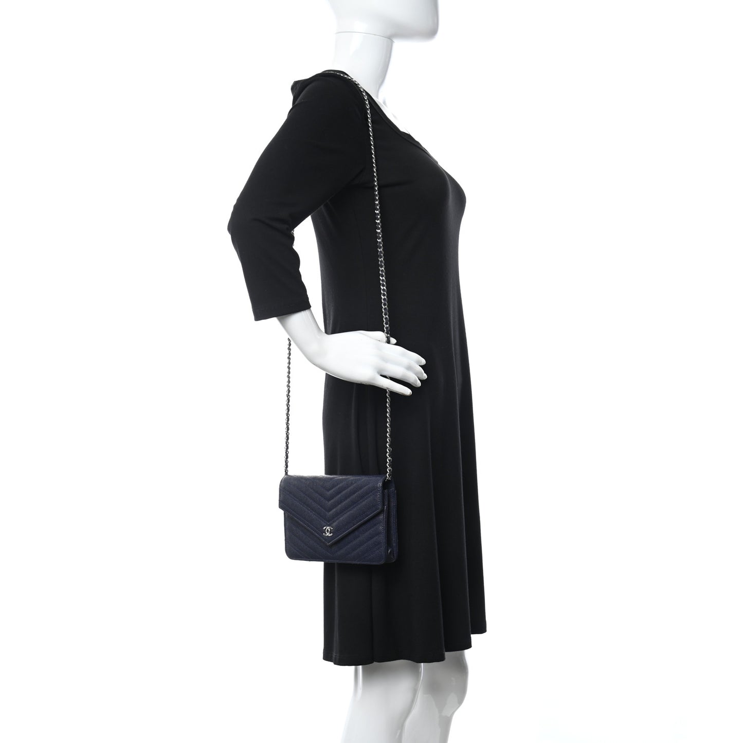 Caviar Chevron Quilted Statement Wallet On Chain WOC Navy