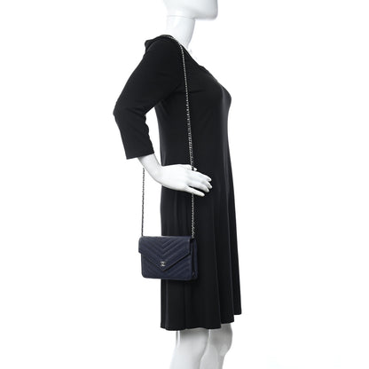 Chanel Caviar Chevron Quilted Statement Wallet On Chain WOC Navy 2 of 12