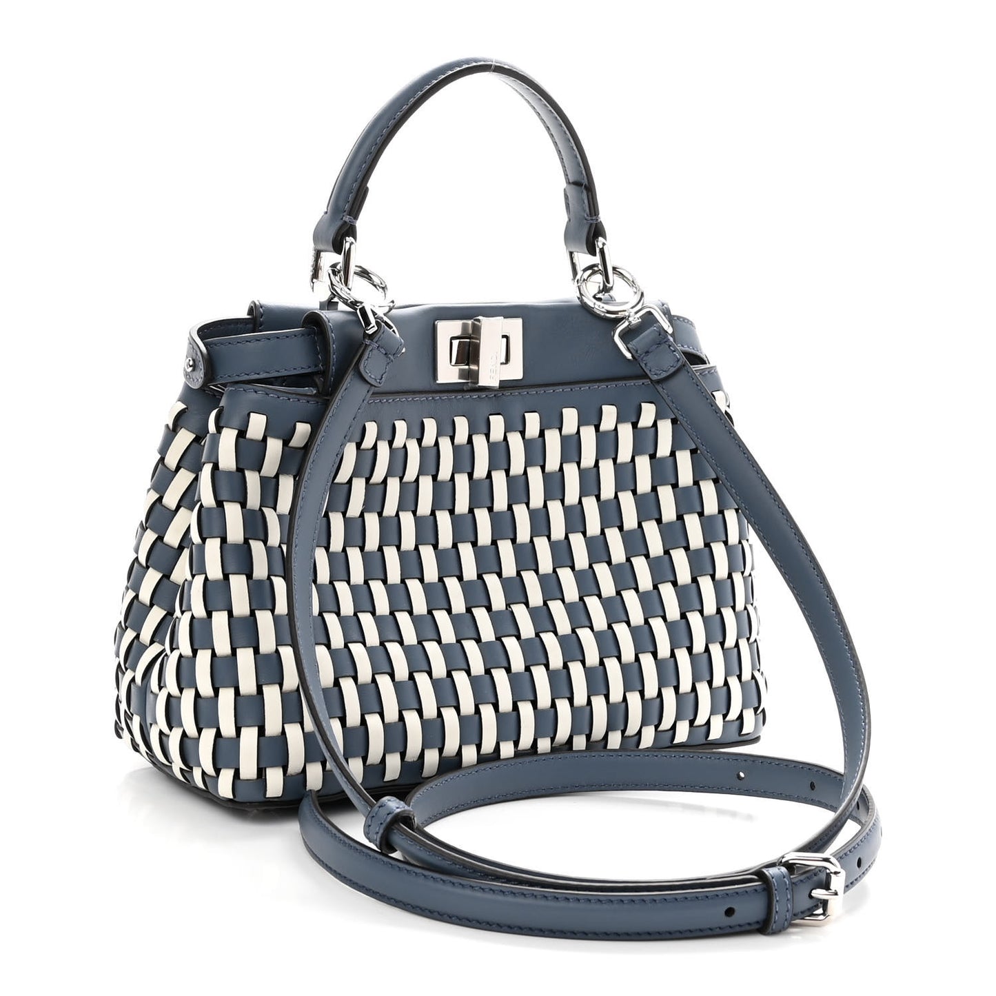 Calfskin Woven Mini Peekaboo Iconic Satchel Mirto White Ice