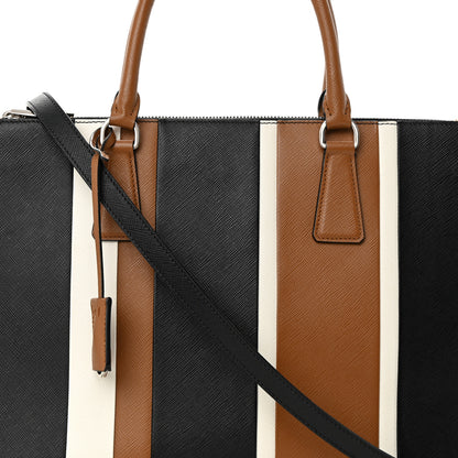 Prada Saffiano Baiadera Striped Medium Galleria Double Zip Tote Caramel Black White 10 of 19