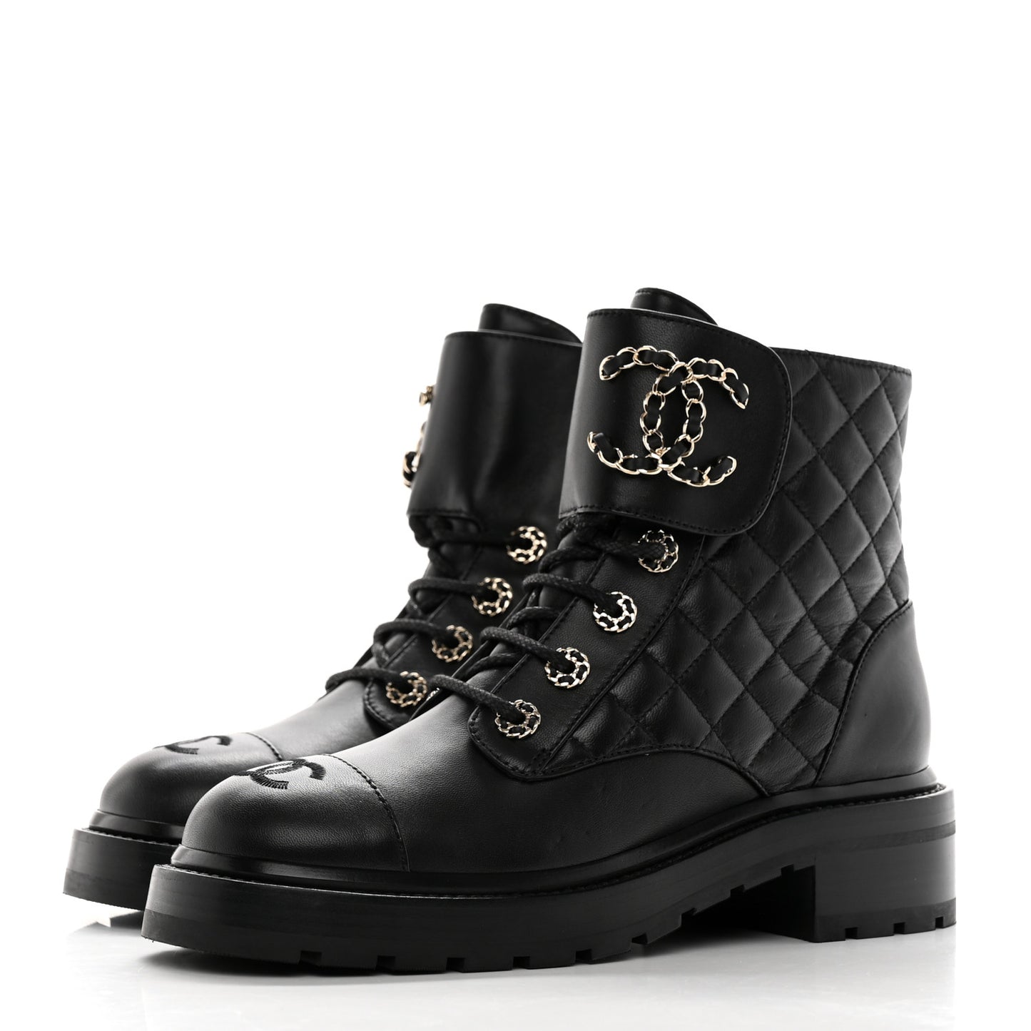 Shiny Goatskin Calfskin Quilted Lace Up Combat Boots 37.5 Black