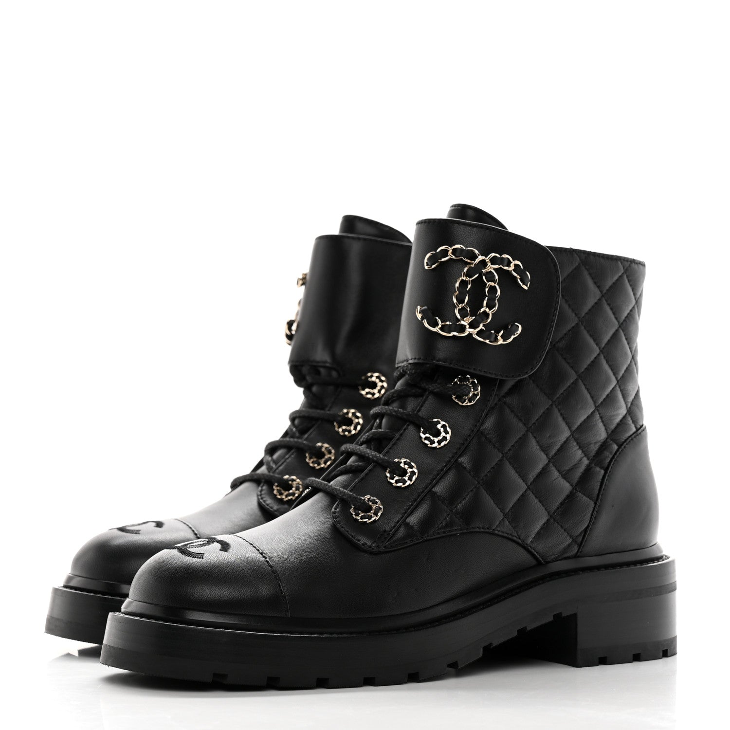 Chanel Shiny Goatskin Calfskin Quilted Lace Up Combat Boots 37.5 Black 3 of 13