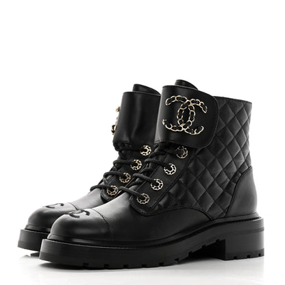 Chanel Shiny Goatskin Calfskin Quilted Lace Up Combat Boots 37.5 Black 3 of 13