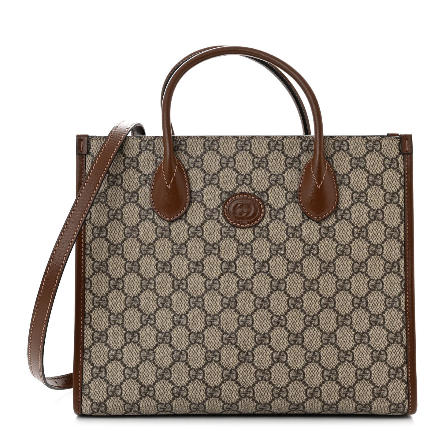 GG Supreme Monogram Azalea Calfskin Small Retro Interlocking G Tote Bag Beige Ebony Brown Sugar
