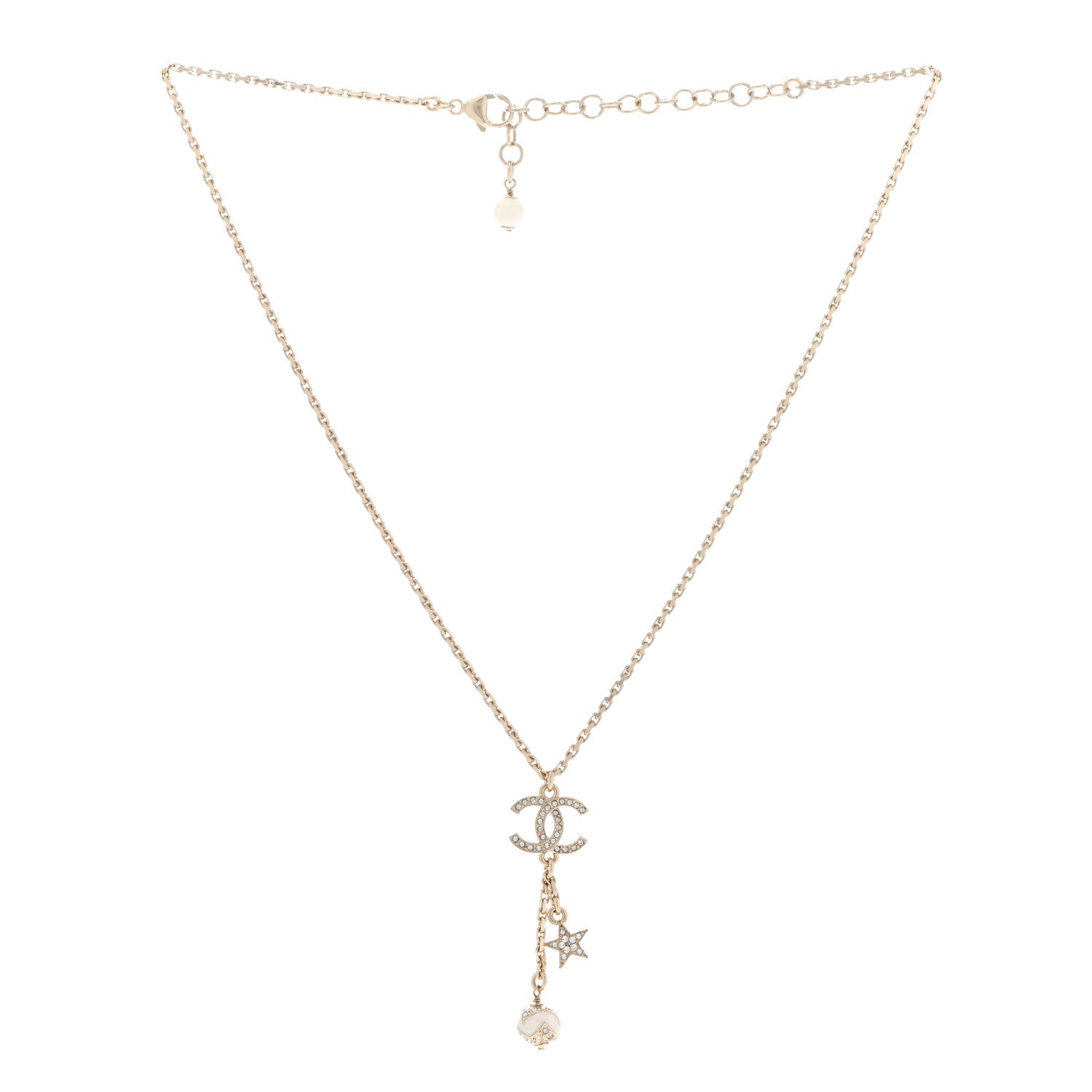 Chanel Crystal Star CC Drop Pendant Necklace White Gold 3 of 6