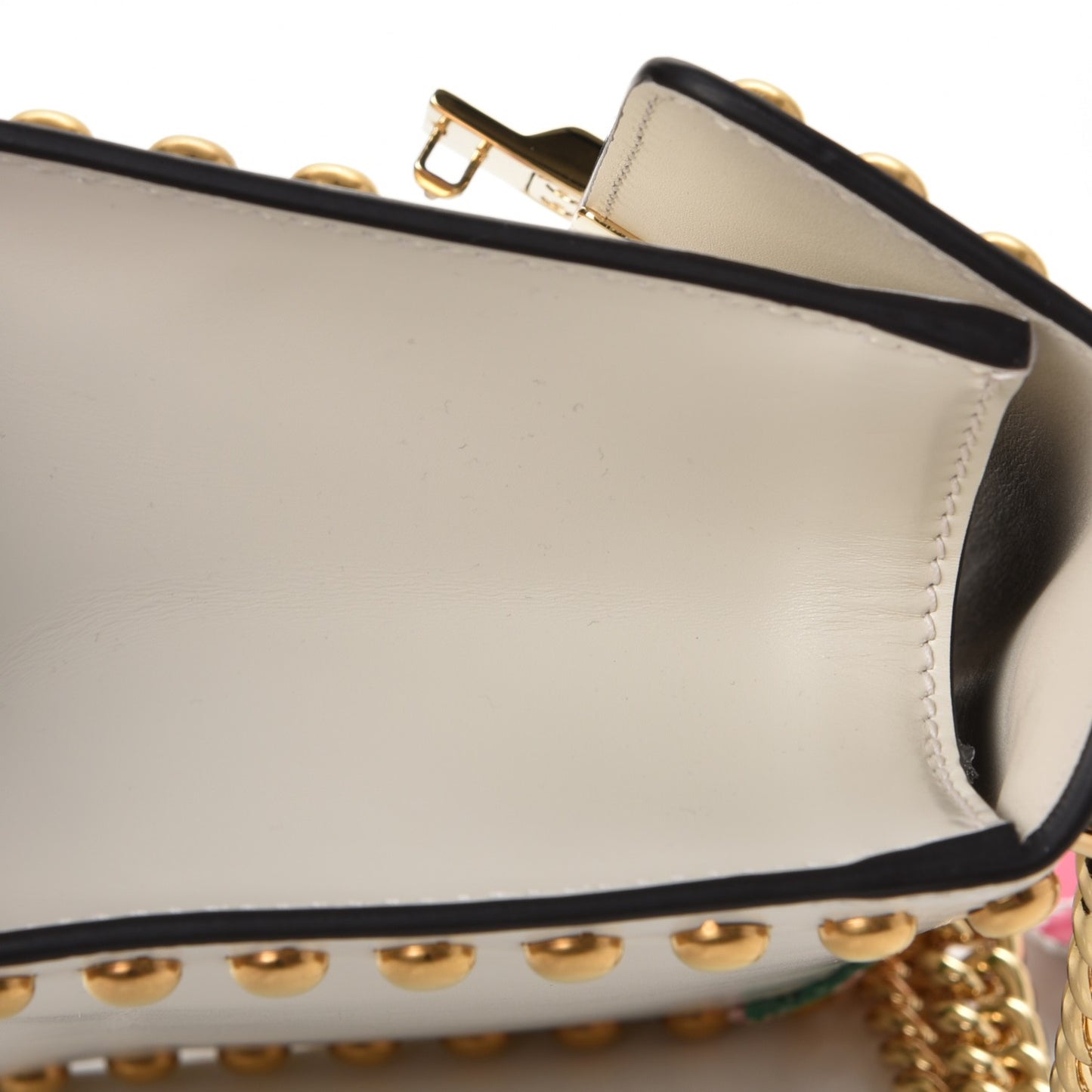 Calfskin Floral Embroidered Small Padlock Shoulder Bag White