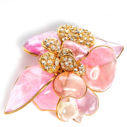 Chanel Gripoix Poured Glass Crystal Camellia Brooch Gold 1 of 5