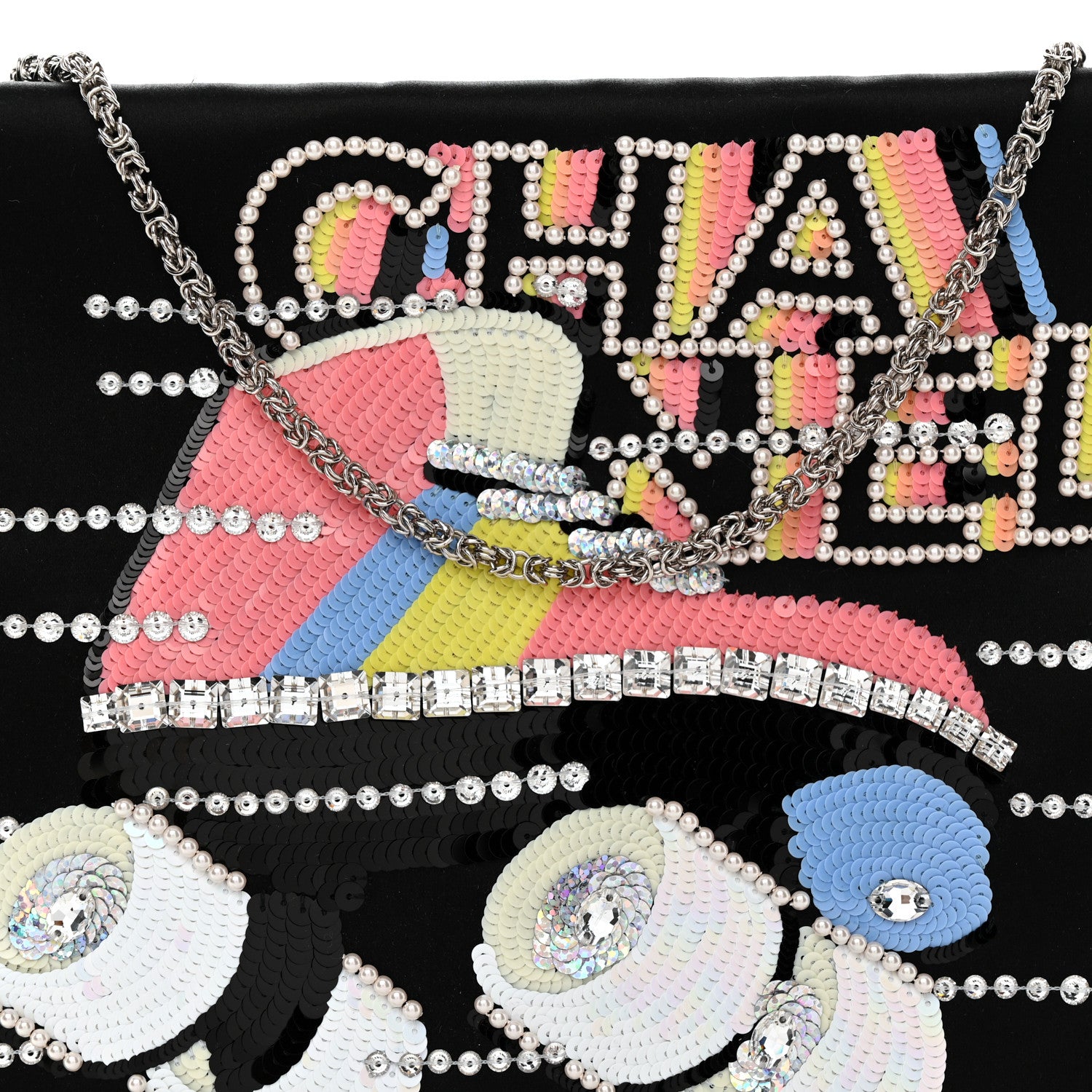 Chanel Satin Sequin Pearl Crystal Roller Skate Quilted Clutch With Chain Black Multicolor 8 of 11