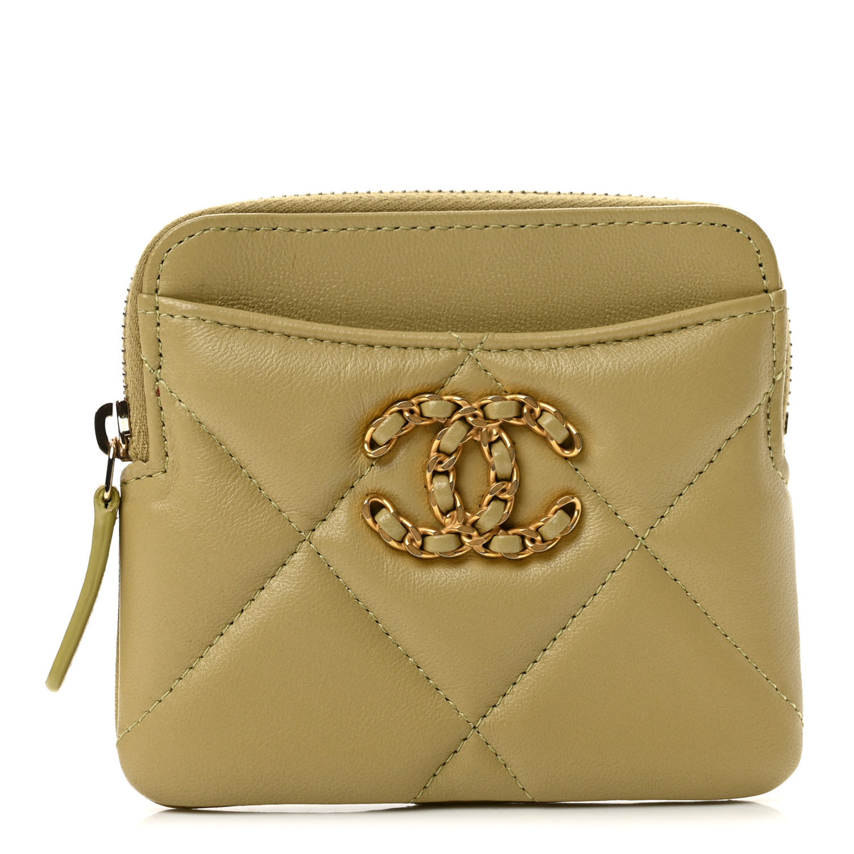 Lambskin Quilted Chanel 19 Zip Card Holder Wallet Light Green