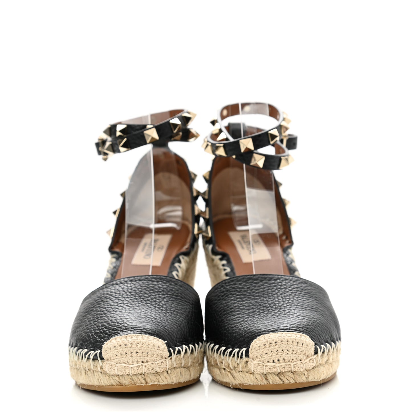 Grained Calfskin Rockstud Ankle Wrap Espadrille 15/85mm Wedges 36 Black Light Cuir