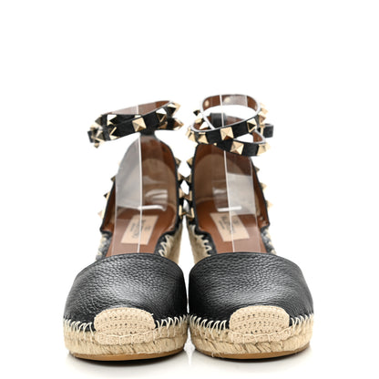 Valentino Garavani Grained Calfskin Rockstud Ankle Wrap Espadrille 15/85mm Wedges 36 Black Light Cuir 2 of 8