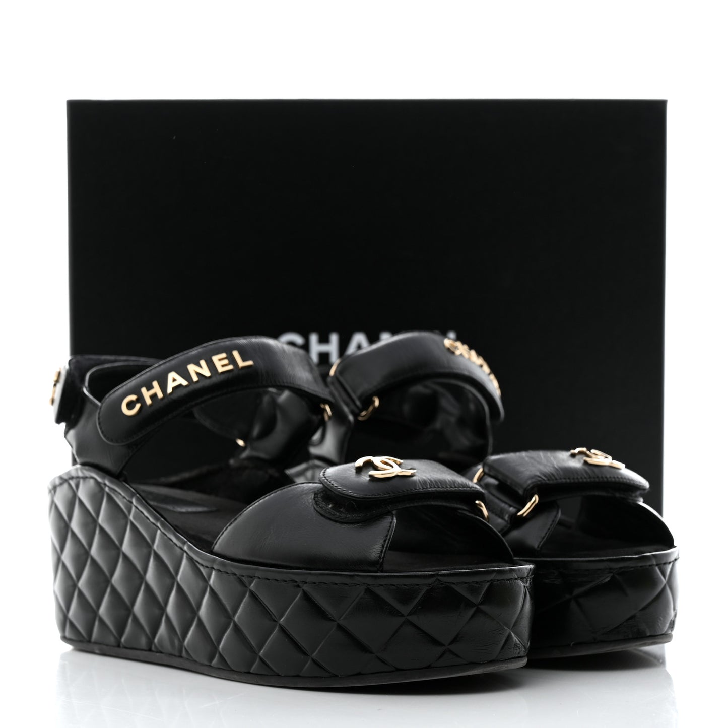 Shiny Calfskin Logo Platform Sandals 37 Black