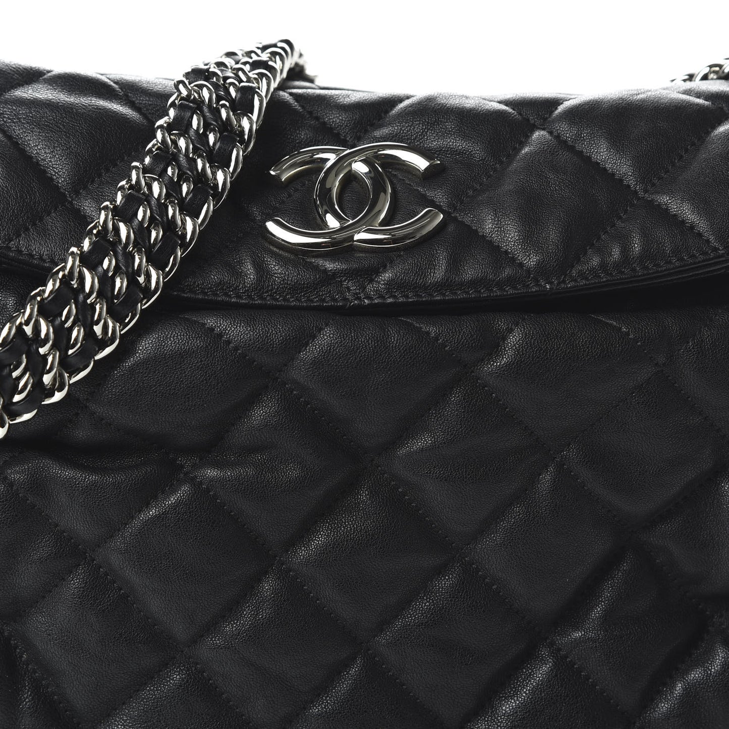 Washed Lambskin Chain Around Hobo Black
