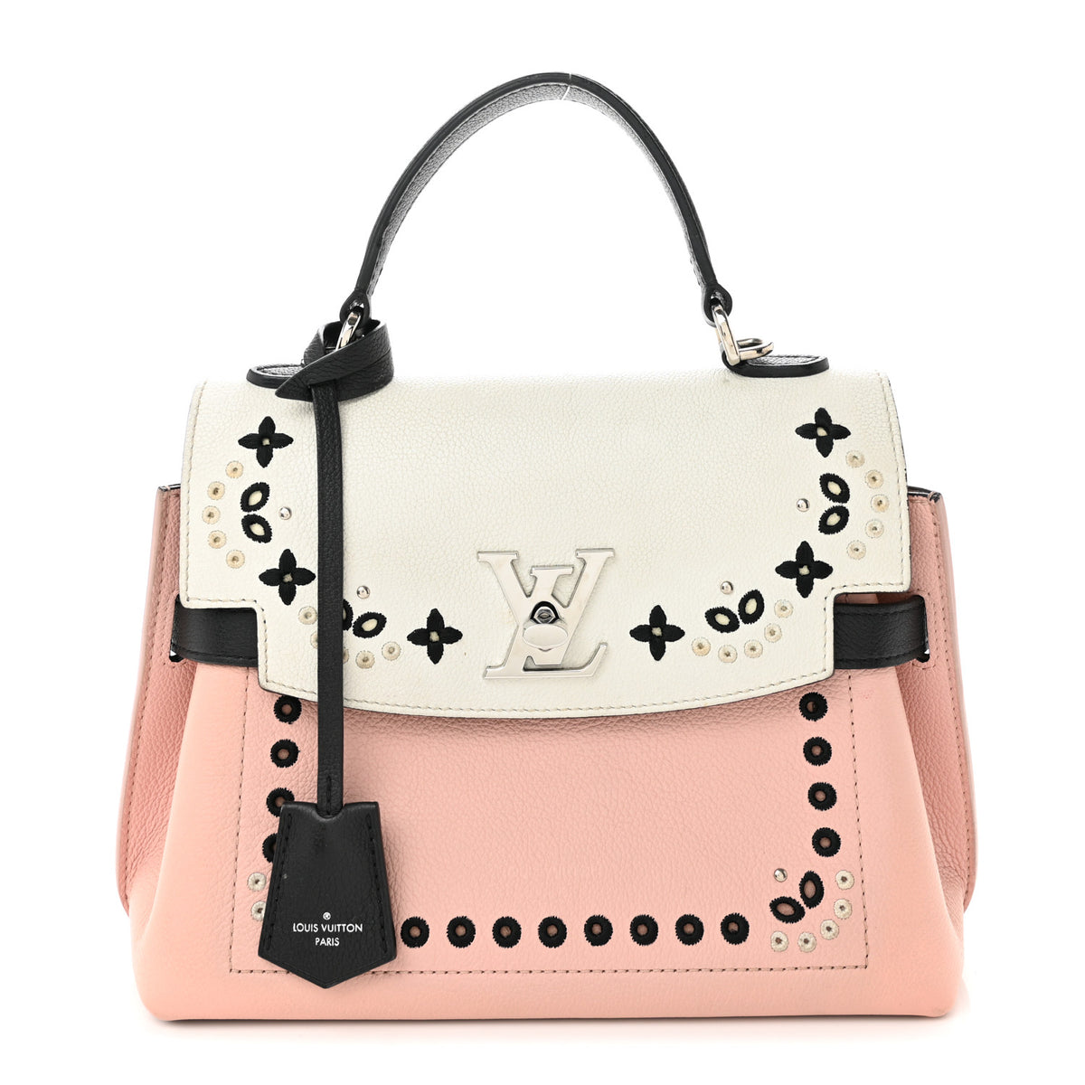 Soft Calfskin Embroidered Lockme Ever BB Rose Pink Snow White Black