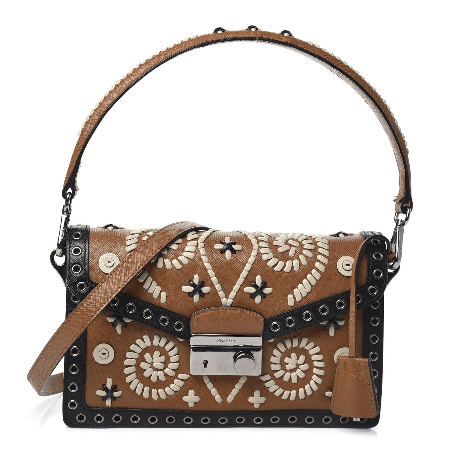 Prada Saffiano Embroidered Pattina Sound Shoulder Bag Caramel 1 of 8