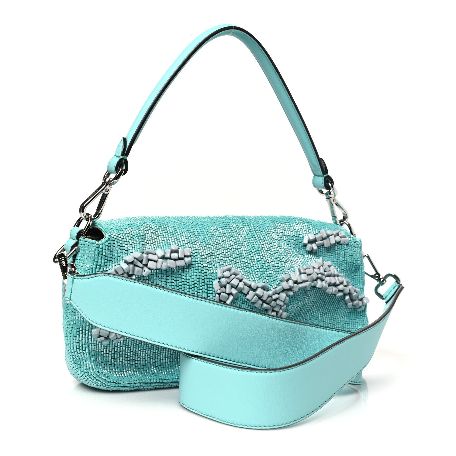 Fendi Rolling Stone Vitello Seta Bead Embroidered Re-Edition Baguette Spring Turquoise 3 of 10