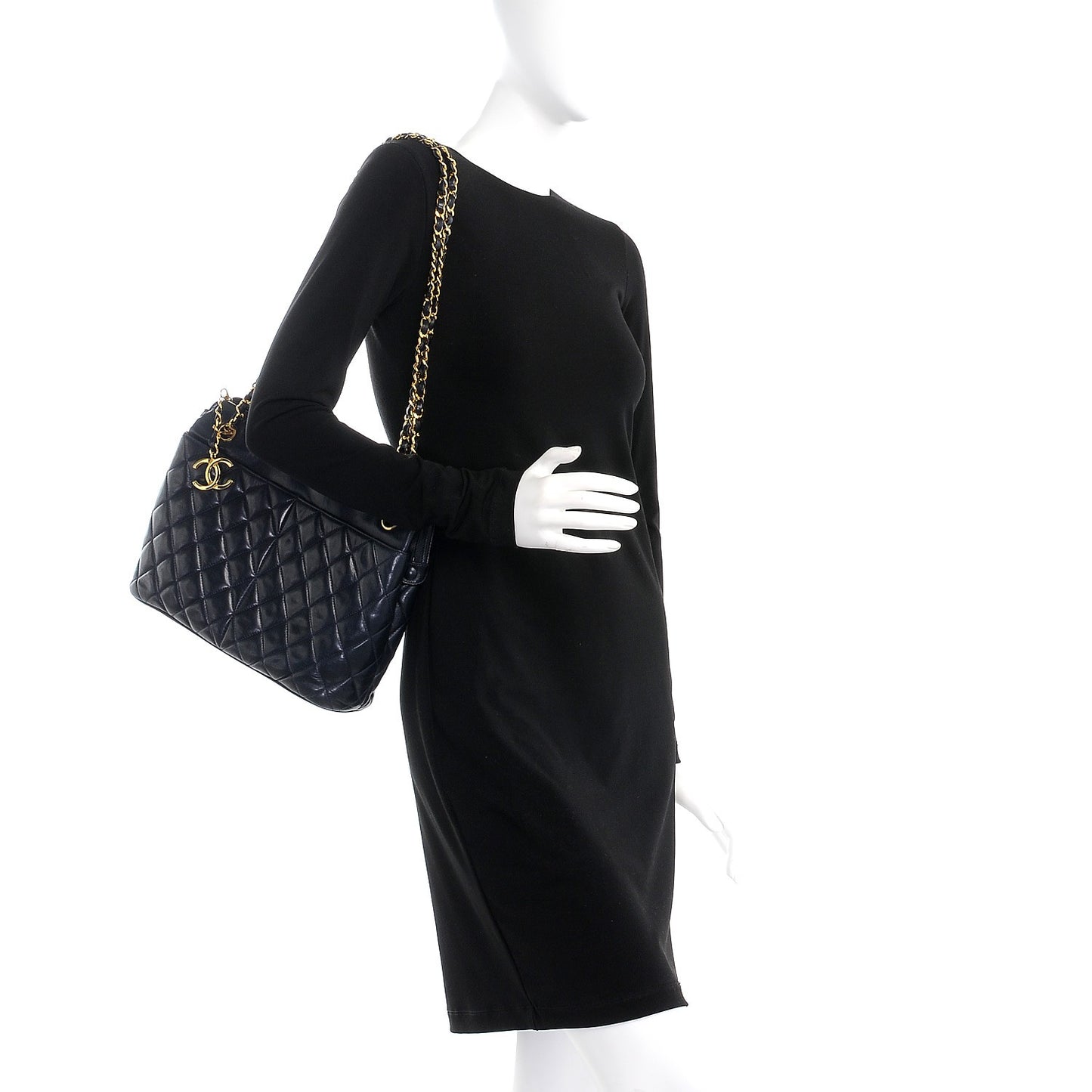 Lambskin Quilted Shoulder Bag Navy Blue