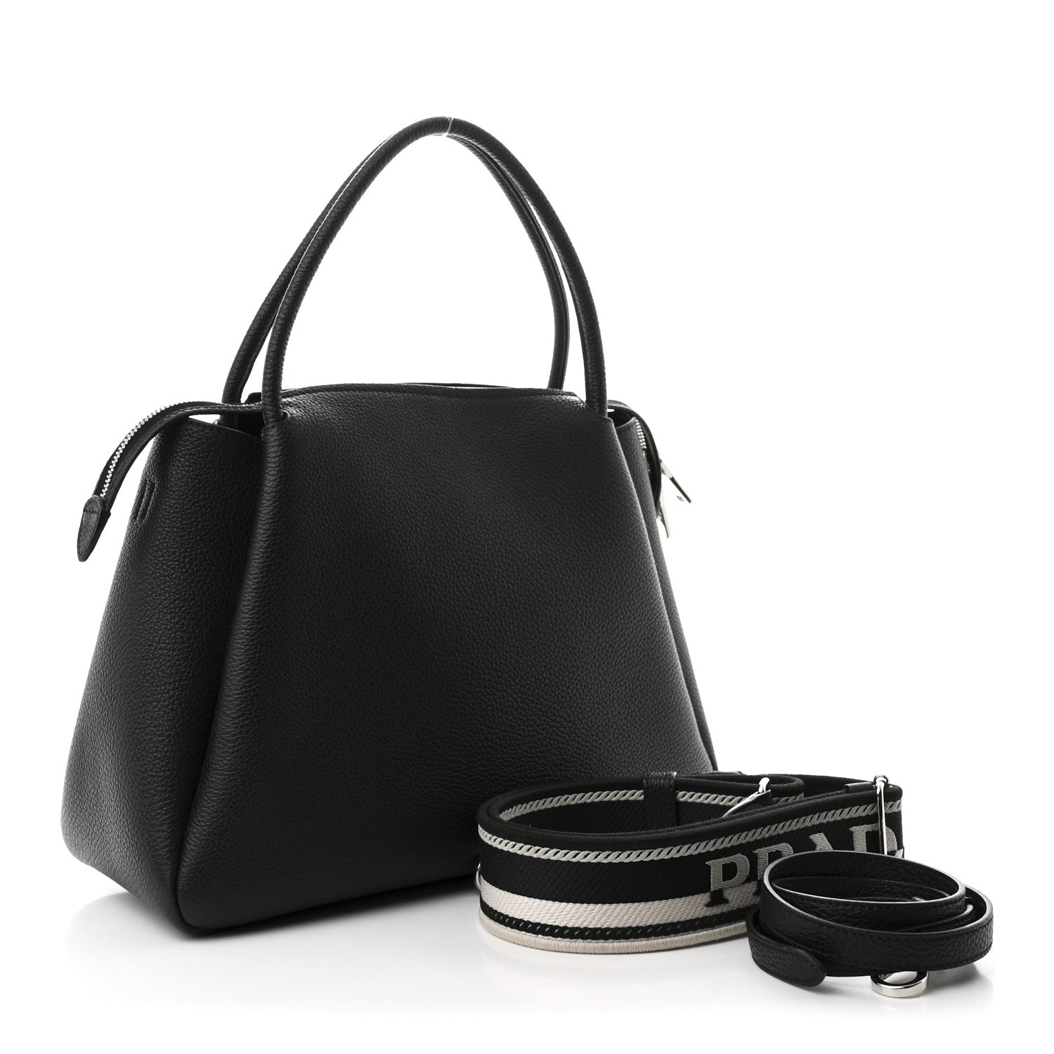 Prada Vitello Daino Soft Medium Zippered Top Handle Bag Black