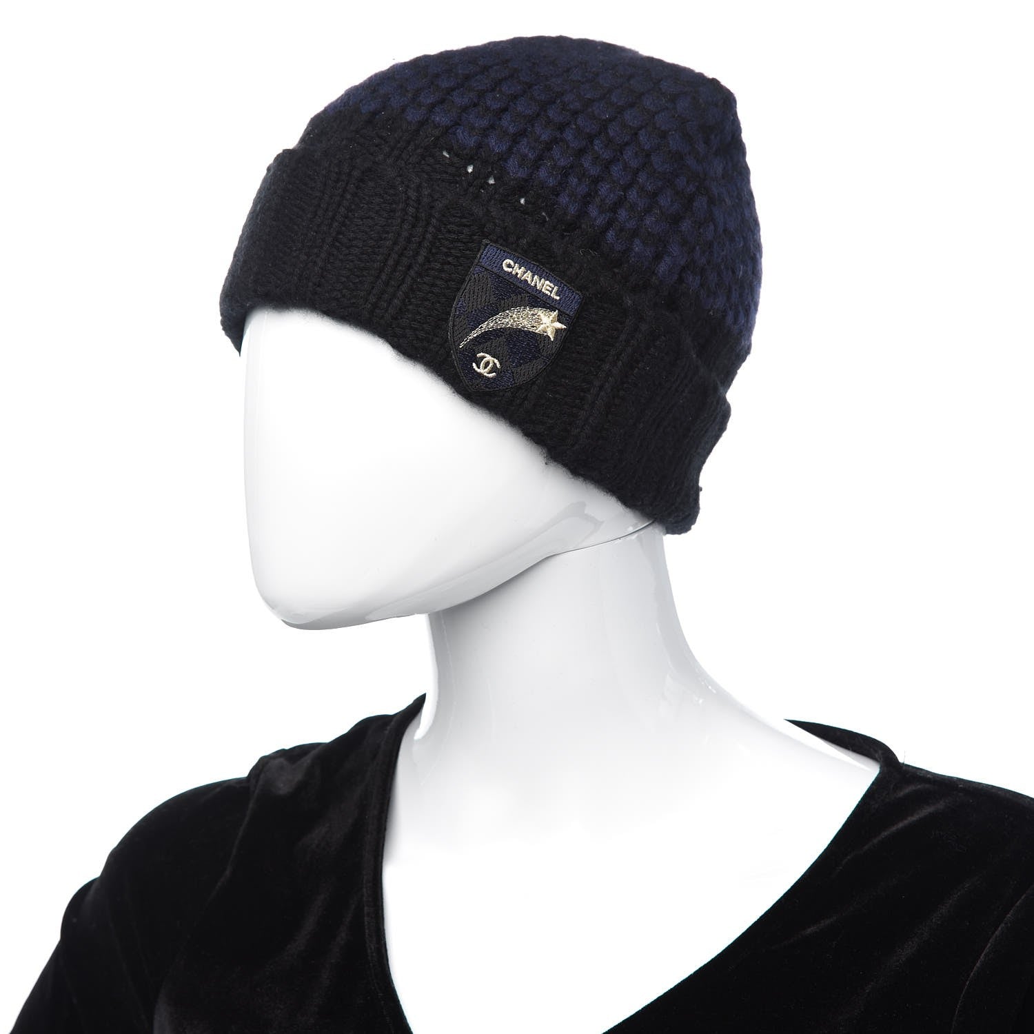 Chanel Cashmere CC Shooting Star Beanie Hat Navy Black 2 of 6