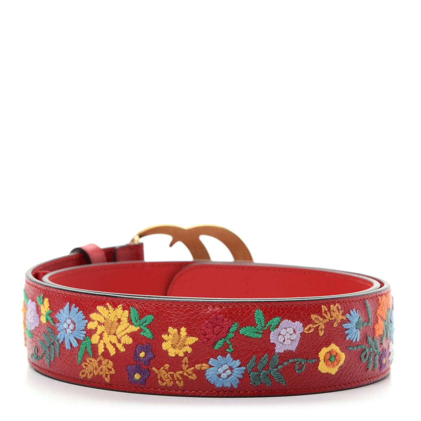 Textured Calfskin Flower Embroidered Double G 40mm Belt 90 36 Hibiscus Red
