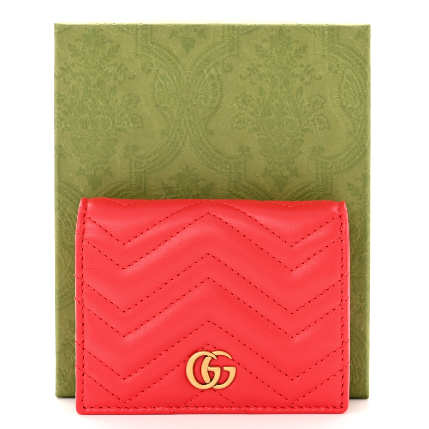 Calfskin Matelasse GG Marmont Card Case Wallet Hibiscus Red