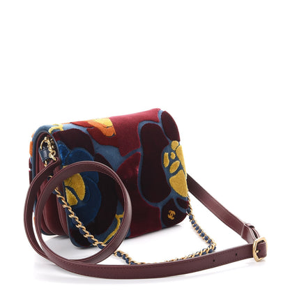Chanel Velvet Lambskin Embroidered Camellia Mini Flap Navy Burgundy 4 of 8